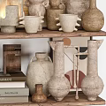 Rustic Decorative Ornaments Set On Shelves With Clay Pots Vases Pampas Grass And Books