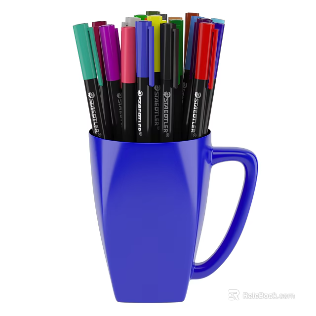 Vibrant Colored Markers Stored in Blue Mug with Assorted Colors 3d model 