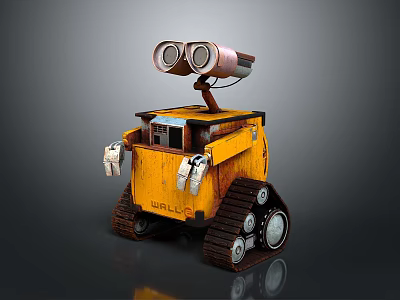 Yellow Robot Character With Two Large Eyes Mechanical Arms And Tracked Wheels 3d model