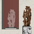 Modern Metallic And Wooden Sculptures With Intricate Carvings On Marble Bases In Orange Striped Setting