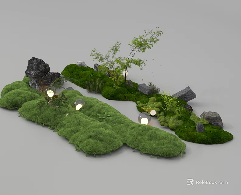 Lush Green Moss Landscape With Decorative Rocks Small Trees And Glowing Lights 3d model 