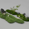Lush Green Moss Landscape With Decorative Rocks Small Trees And Glowing Lights