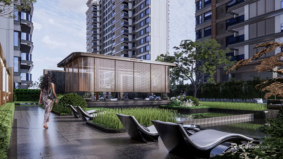Modern Garden Landscape With Wooden Pavilion Greenery Lawn Water Feature Lounge Chairs And High-Rise Backdrop 3d model 
