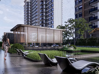 Modern Garden Landscape With Wooden Pavilion Greenery Lawn Water Feature Lounge Chairs And High-Rise Backdrop 3d model