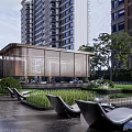 Modern Garden Landscape With Wooden Pavilion Greenery Lawn Water Feature Lounge Chairs And High-Rise Backdrop