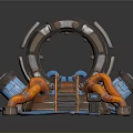 Sci-Fi Scene Component With Circular Ring Orange Pipes Blue Devices And Platform