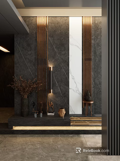 Modern Entryway Hallway Design With Dark Marble Walls Metal Trim And Decorative Vases 3d model 
