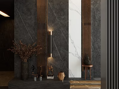 Modern Entryway Hallway Design With Dark Marble Walls Metal Trim And Decorative Vases 3d model