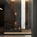 Modern Entryway Hallway Design With Dark Marble Walls Metal Trim And Decorative Vases