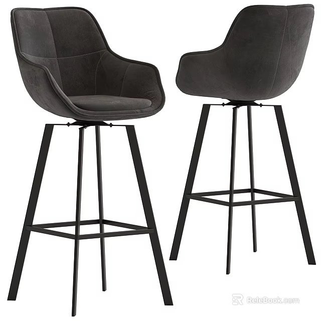 Modern High Back Dark Gray Velvet Bar Stools with Black Metal Frame 3d model 