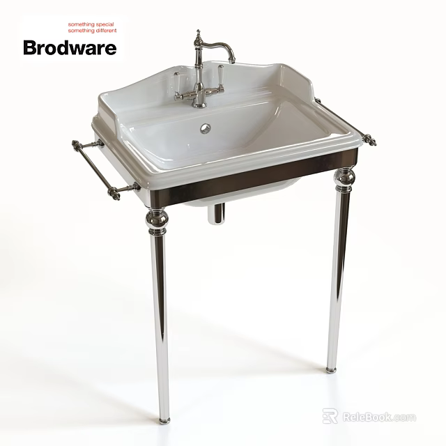 Classic White Ceramic Washbasin With Chrome Metal Stand Faucet And Side Handles 3d model 