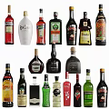 Various Wine Bottles And Glasses Collection With Different Brands And Colorful Labels