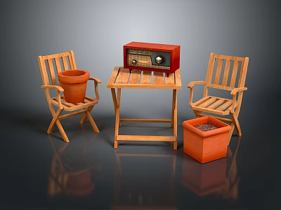 Wooden Patio Chairs And Table With Red Radio And Clay Flower Pots 3d model