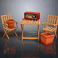 Wooden Patio Chairs And Table With Red Radio And Clay Flower Pots