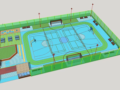 Basketball Court Design With Hoop Markings Benches Lighting And Enclosed Fencing 3d model