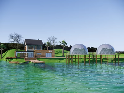 Boutique Homestay Building With Geodesic Domes Lakeside Green Lawn And Trees 3d model