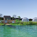 Boutique Homestay Building With Geodesic Domes Lakeside Green Lawn And Trees