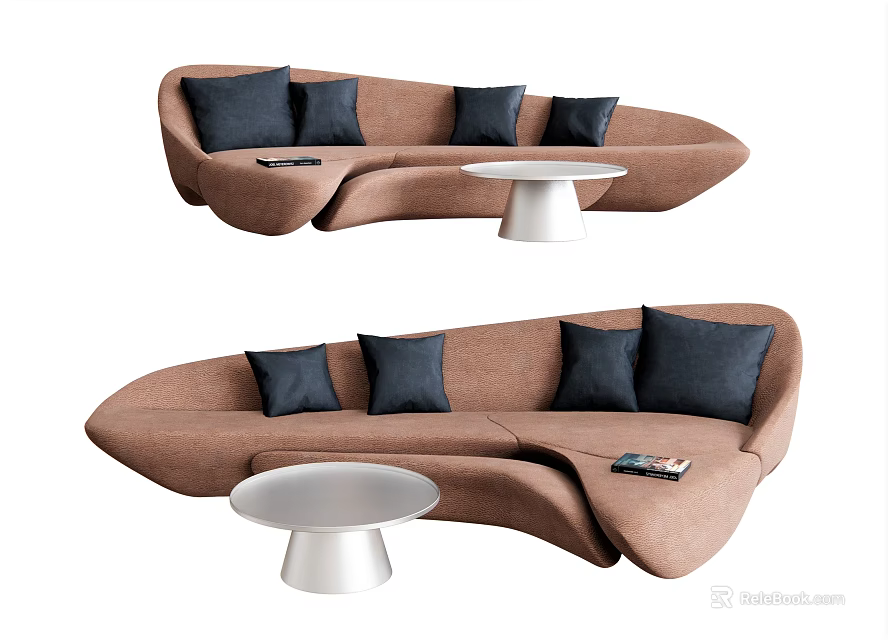 Brown Multi Person Sofa With Black Cushions And White Round Coffee Table 3d model