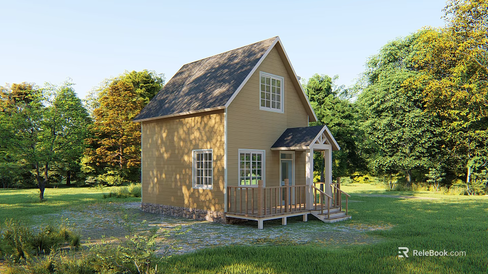 Detached House with Yellow Exterior Gray Roof Porch and Green Lawn Surrounded by Trees 3d model 