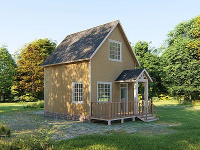 Detached House with Yellow Exterior Gray Roof Porch and Green Lawn Surrounded by Trees 3d model