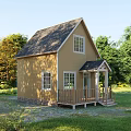 Detached House with Yellow Exterior Gray Roof Porch and Green Lawn Surrounded by Trees