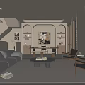 Modern Living Room Interior With Gray Sofa Black Coffee Table Wooden Chairs Decorative Painting And Window Blinds