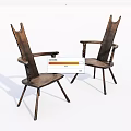 Two Wooden Leisure Chairs Vintage Style With Armrests Unique Backrest Design And Natural Wood Finish