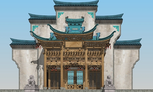 Chinese-style Gate Entrance Door Head of Traditional Wooden Residence 3d model