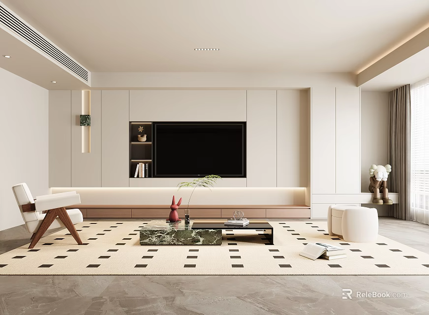 Modern Minimalist TV Wall With Integrated Shelves In Living Room 3d model 