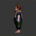 Cartoon Boy Design With Brown Hair Topknot Colorful Plaid Scarf Blue Shirt Green Shorts Barefoot