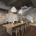 Modern Reception Desk With Metal Counter Pendant Lighting Staircase And Large Windows