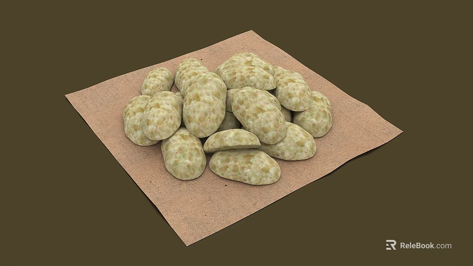 Natural Round Textured Stones Arranged in Pile on Brown Cloth Surface 3d model 