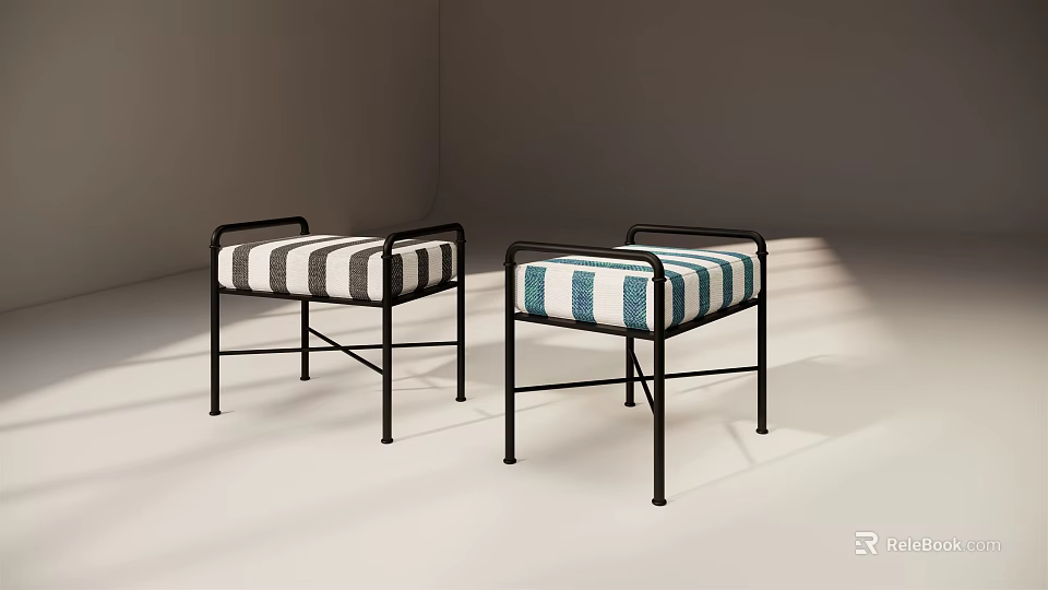 Modern Stools Featuring Black Metal Frames And Gray Blue Striped Fabric Seats 3d model 