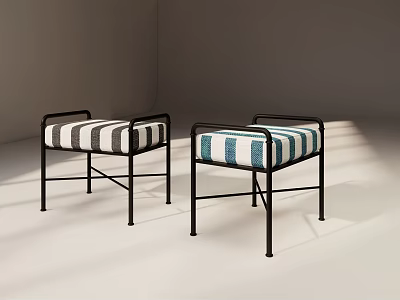 Modern Stools Featuring Black Metal Frames And Gray Blue Striped Fabric Seats 3d model