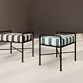 Modern Stools Featuring Black Metal Frames And Gray Blue Striped Fabric Seats