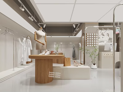 Stylish Modern Clothing Store Interior With Clothing Racks Display Table And Green Plants 3d model