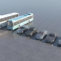Cars and Buses Lined Up on Gray Ground with White and Light Blue Vehicles