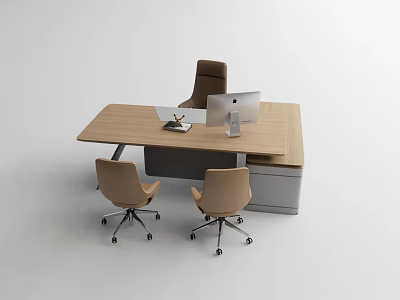 Modern Wooden Office Desk With Computer Monitor Laptop And Three Chairs 3d model
