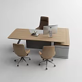 Modern Wooden Office Desk With Computer Monitor Laptop And Three Chairs