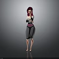 Red Haired Female Character In Black White Pink Outfit With Arms Crossed Against Gray Background