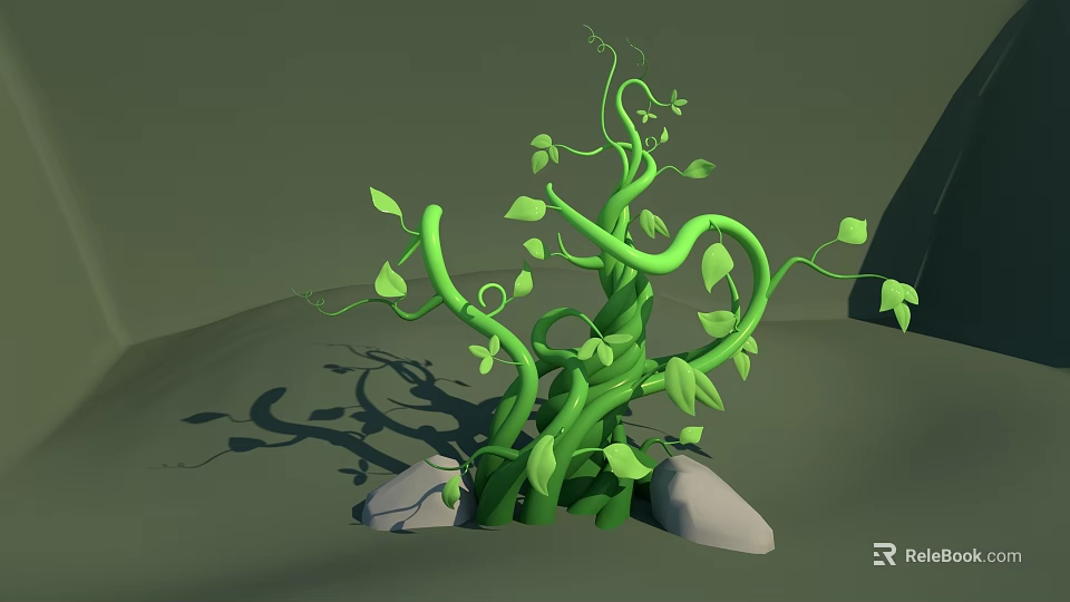 Green Vine With Curved Stems And Fresh Leaves Surrounded By Stones 3d model 
