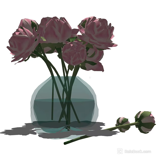 Transparent Glass Vase With Pink Roses Water And Single Bud 3d model 