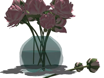 Transparent Glass Vase With Pink Roses Water And Single Bud 3d model
