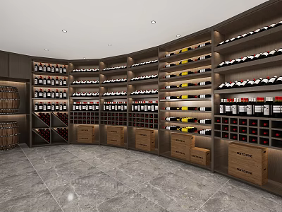 Tobacco and Liquor Store Interior Featuring Curved Wooden Wine Racks Displayed Wines And Marble Flooring 3d model