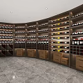 Tobacco and Liquor Store Interior Featuring Curved Wooden Wine Racks Displayed Wines And Marble Flooring