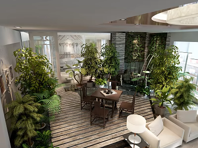 Hotel Public Lounge Interior With Lush Green Plants Wooden Flooring And Comfortable Sofa 3d model