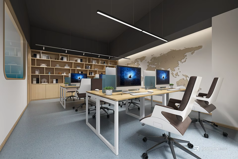 Modern Public Office Space With Desks Computers Chairs Bookshelves And World Map Wall 3d model