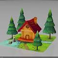 Wooden Cabin with Red Roof Chimney Surrounded by Green Pine Trees Pond and Pathway
