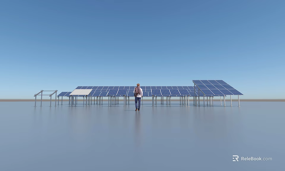 Person Standing Before Solar Panels Array With Blue Sky And Smooth Gray Surface 3d model 