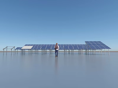 Person Standing Before Solar Panels Array With Blue Sky And Smooth Gray Surface 3d model